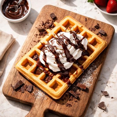 Waffle with chocolate and cream