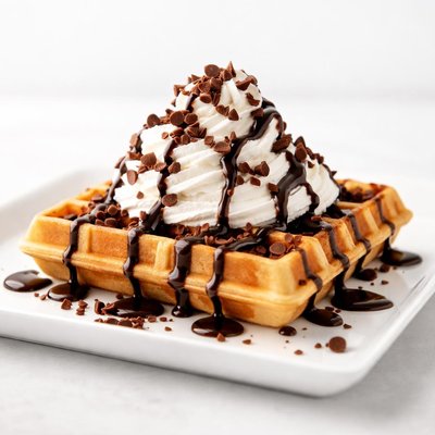 Waffle with chocolate and whipped cream