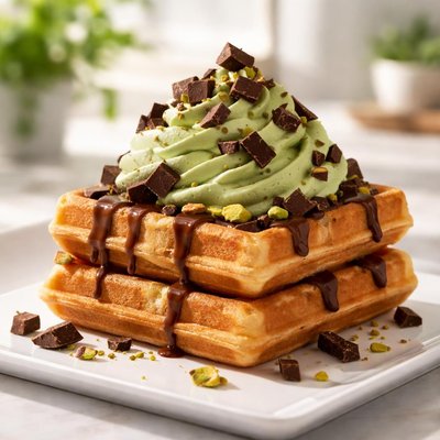Waffle with green cream and chocolate chunks
