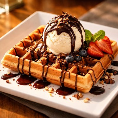 Waffle with ice cream and chocolate syrup