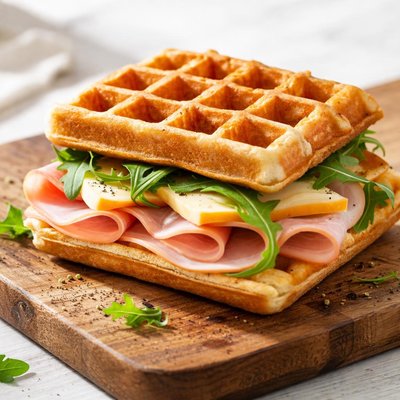 Waffle with natural ham and light port salut cheese