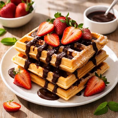 Waffle with strawberries and chocolate syrup