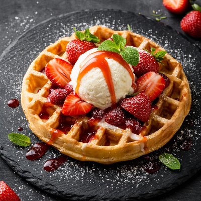 Waffle with strawberries and ice cream