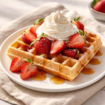 Waffle with strawberries and whipped cream