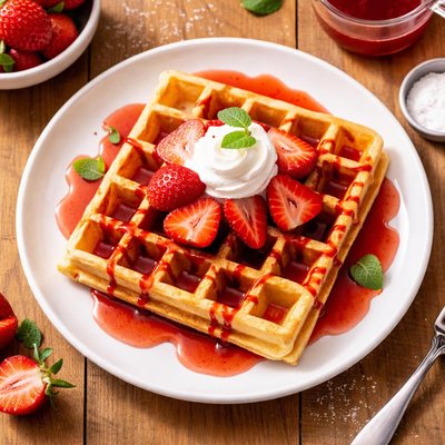 Waffle with strawberry syrup