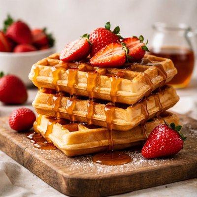 Waffle with syrup and strawberries