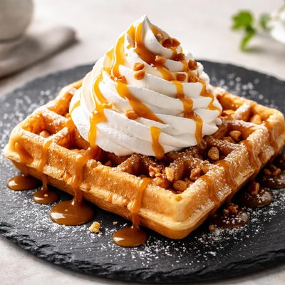 Waffle with whipped cream and caramel drizzle