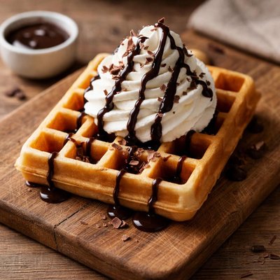 Waffle with whipped cream and chocolate syrup