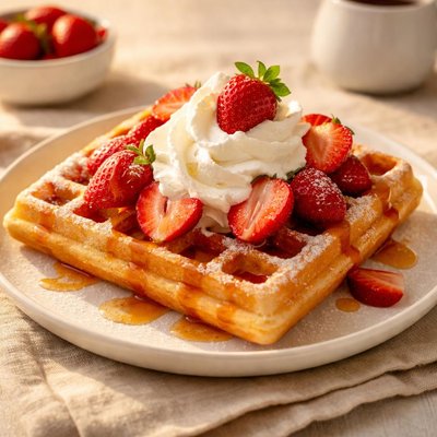 Waffle with whipped cream and strawberries