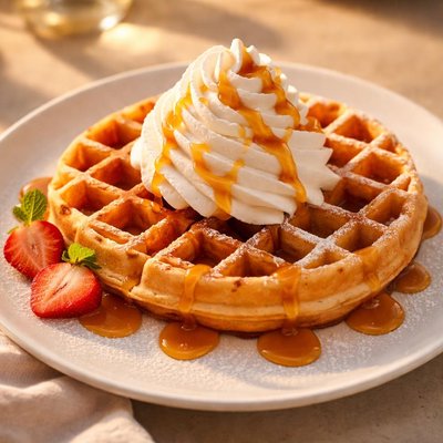 Waffle with whipped cream and syrup