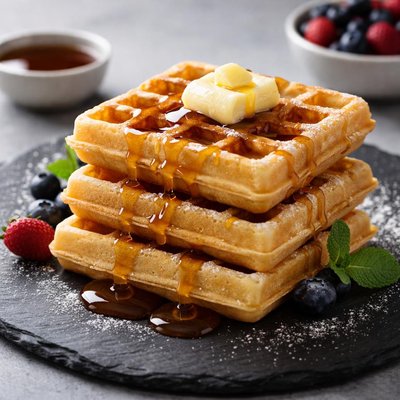 Waffles with butter and syrup