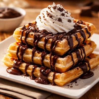 Waffles with chocolate sauce and whipped cream