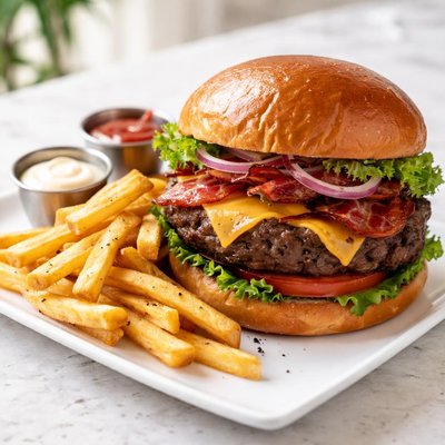 Wagyu beef burger with fries