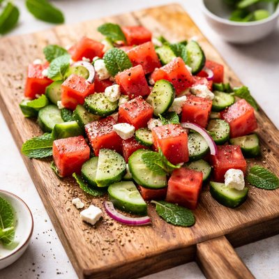 Watermelon and cucumber salad with feta cheese