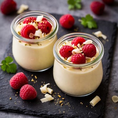 Weisse schokolade im glas mit himbeeren