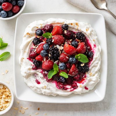 Whipped coconut berry compote