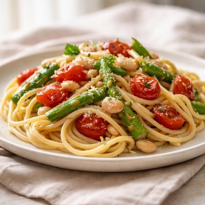 White bean cherry tomatoes and asparagus pasta