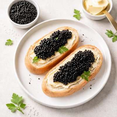 White bread with butter and caviar