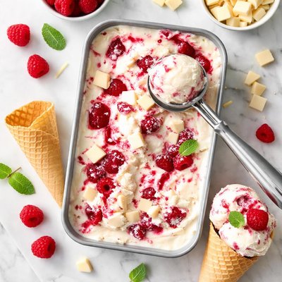 White chocolate and raspberry ice cream