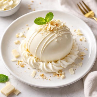 White chocolate covered dessert with cream