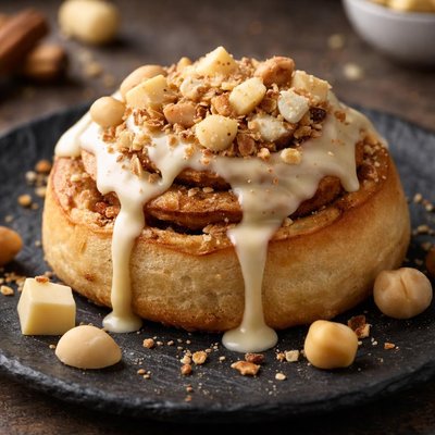 White chocolate macadamia cinnamon roll