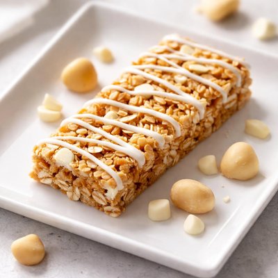 White chocolate macadamia nut granola bar