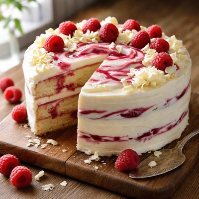 White chocolate raspberry swirl cake
