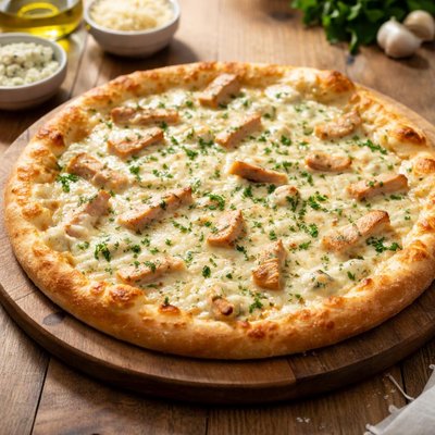 White four cheese pizza with chicken