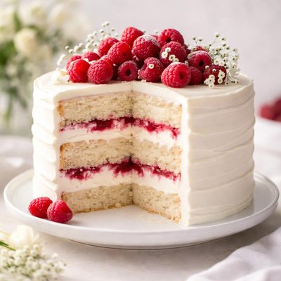 White raspberry wedding cake
