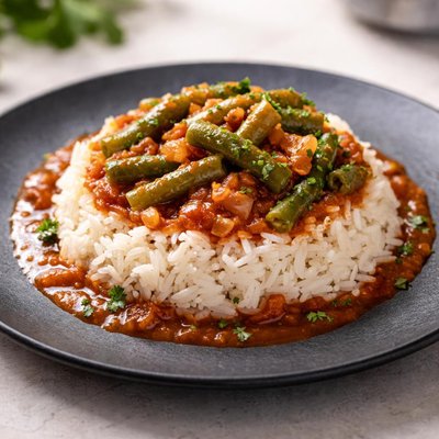 White rice in sauce with green beans
