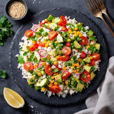 White rice mixed with salad