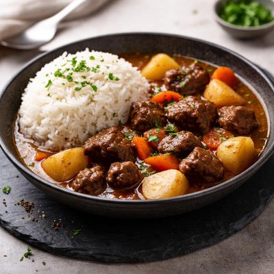 White rice with beef and potato soup