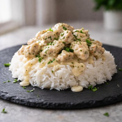 White rice with chicken in white sauce