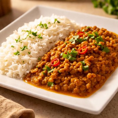 White rice with lentil curry