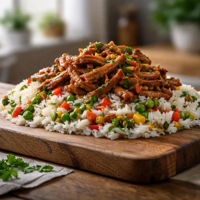 White rice with veggies and pulled pork