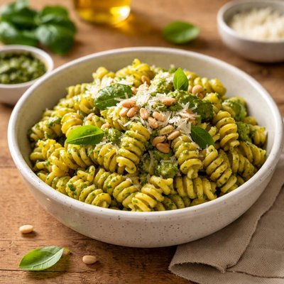 Whole and simple fusilli with pesto