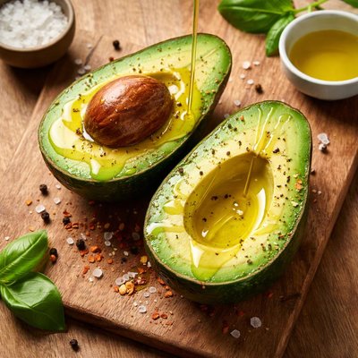 Whole avocado drizzled with olive oil