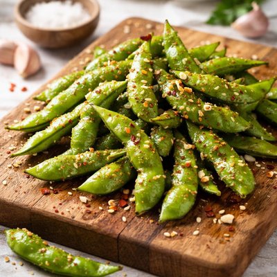 Whole edamame pods with garlic