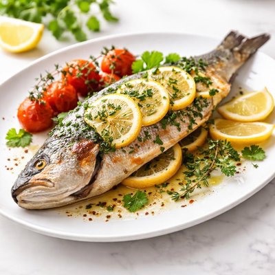 Whole fish with lemon slices