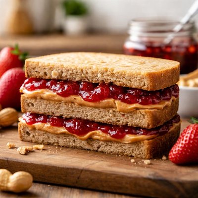 Whole grain bread peanut butter and strawberry jam sandwich