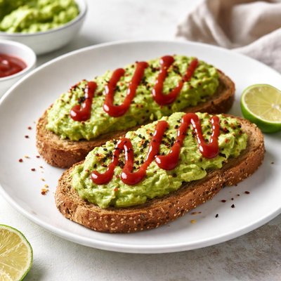 Whole grain bread with avocado spread and ketchup