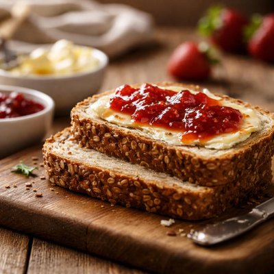 Whole grain bread with butter and jam