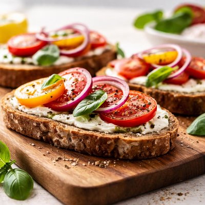Whole grain bread with tomatoes and onions
