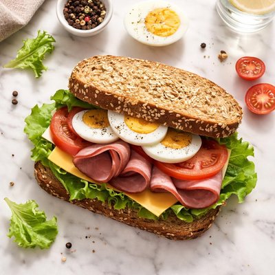 Whole grain egg cheese tomato blackforest ham sandwich