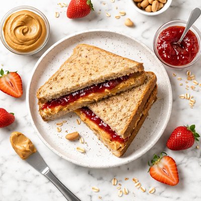 Whole grain peanut butter and sugar free strawberry jam  sandwich