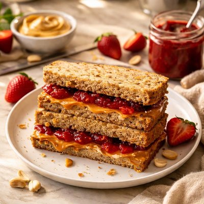 Whole grain peanut butter strawberry jam  sandwich
