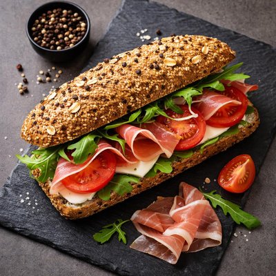 Whole grain sandwich with cured meat
