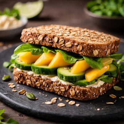 Whole grain sandwich with oats and mango
