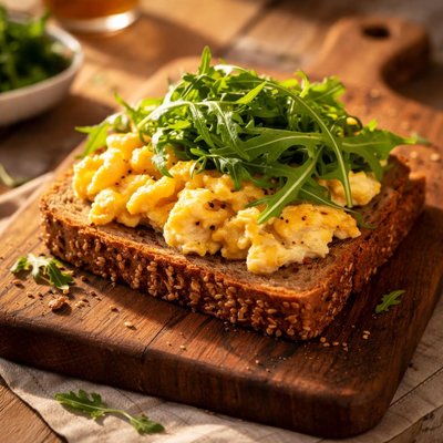 Whole grain sandwich with scrambled eggs and arugula