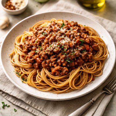 Whole grain spaghetti with meat sauce